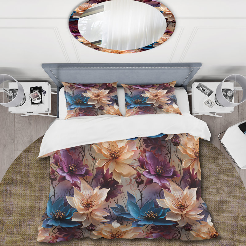 Ensemble de housse de couette Lotus bleu et beige métallique, Housse de couette simple + 1 taie décorative stan