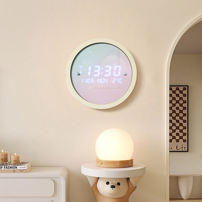 Horloge murale à DEL silencieuse, horloge murale à rétroéclairage numérique en bois, mélodie de lever de soleil, horloge de bureau moderne à 5 niveaux de luminosité