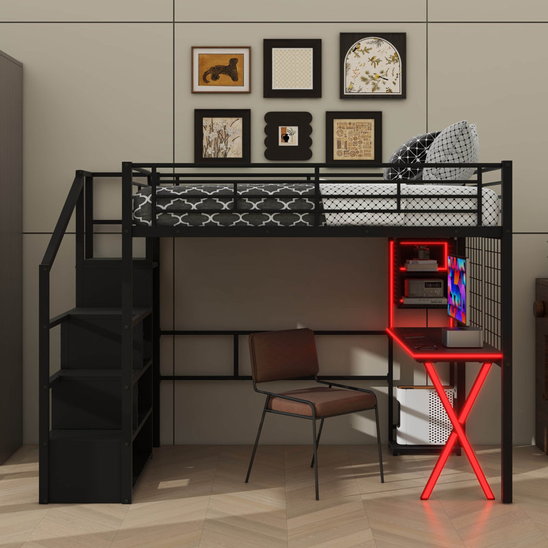 Lit mezzanine double en métal avec zone de travail combinée, garde-robe, escalier de rangement et éclairage DEL