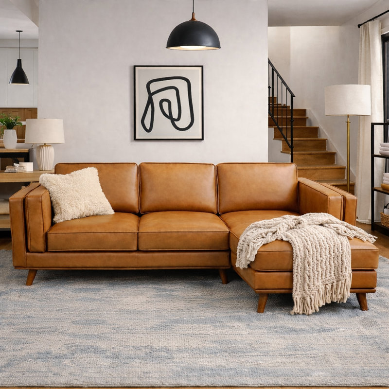 91" Howell Genuine Leather Sectional Mid-Century Modern L-Shaped Sofa with Chaise, Right