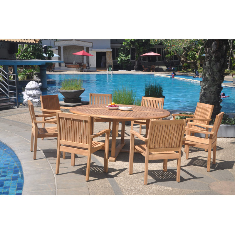 6 Seats 7 Pcs Grade-A Teak Wood Dining Set: 72" Round Table And 6 Leveb Stacking Arm Chairs #11LV1706, 4