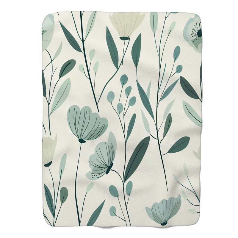 Couverture sherpa de qualité supérieure sarcelle-menthe en fleurs - 1 pièce, Grand lit
