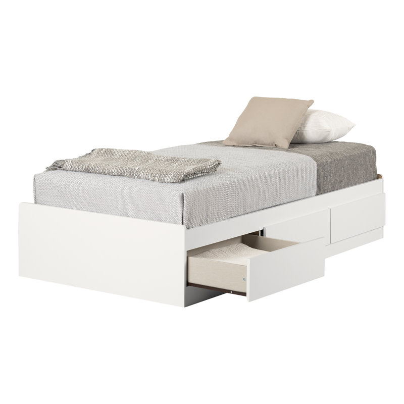 Pure White Twin Wood Frame Platform Bed with Storage Drawers