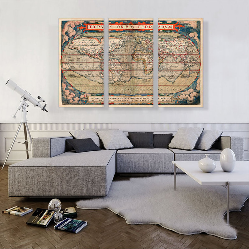 «World Map 1579» par Abraham Ortelius, ensemble de 3 reproductions d'art graphique sur toile tendue