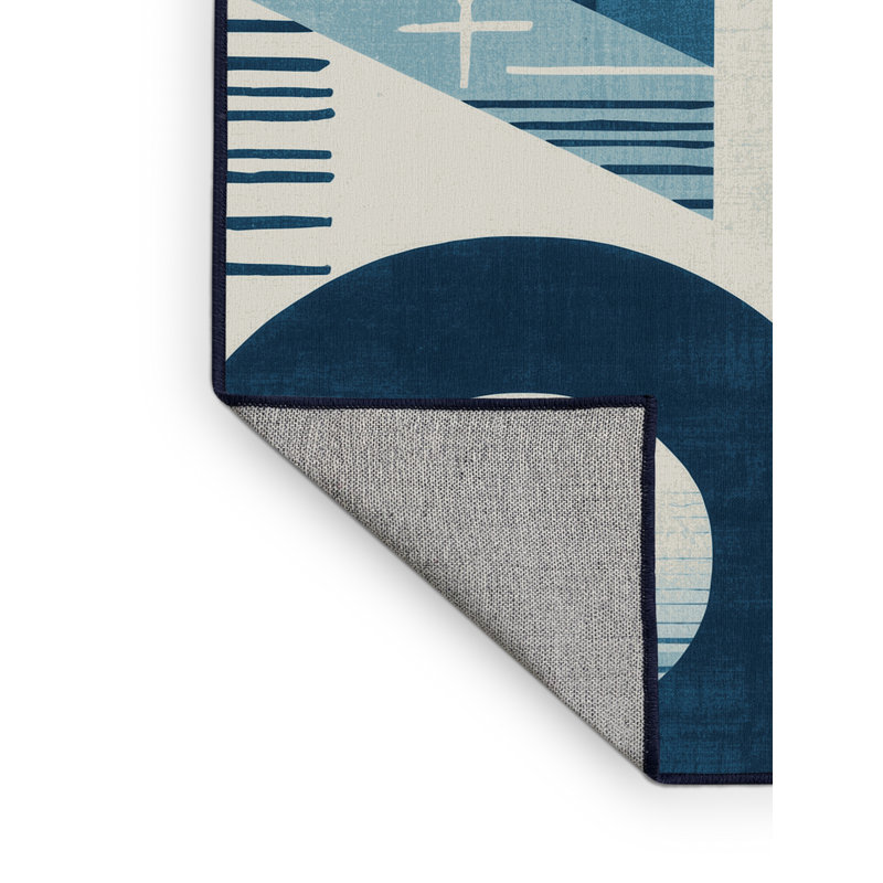 Tapis bleu à motif de blocs d'inspiration mondiale lavable à la machine Peoro, Carré 5 pi