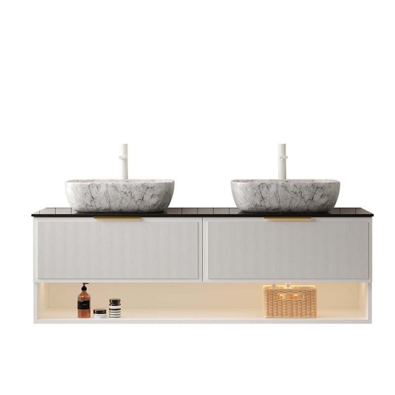 Meuble-lavabo de salle de bain avec lavabo, armoire de rangement en contreplaqué flottant, 2 tiroirs et tablette à rayures fines, capteur de lumière, vasque en céramique à motif marbré et plateau en pierre frittée, pré-assemblé
