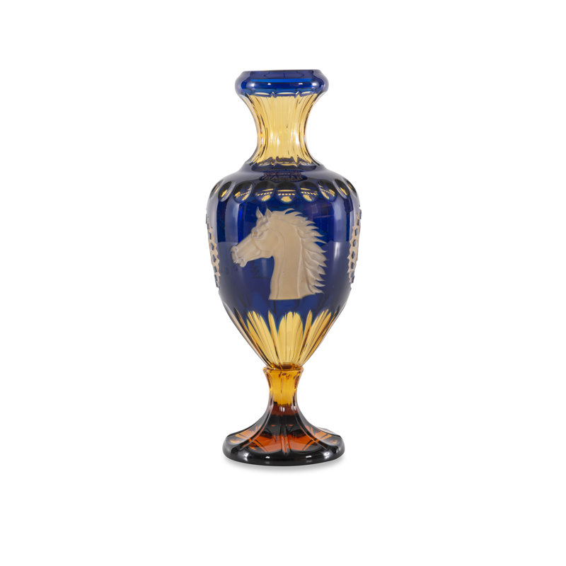 Amber and Blue Crystal Vase with Hand Carved Designs