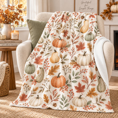 Botanical Pumpkin Flannel Throw Blanket with Cream Gourds, Maple Leaves, Acorns and Berry Sprigs, Soft Fall Accent for Couch, Bed and Sofa at Home, 60 x 80 in