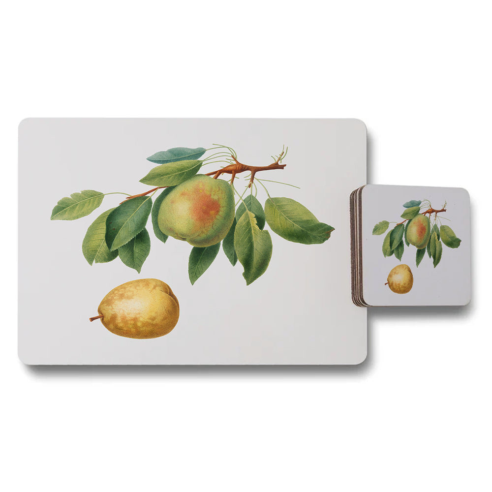 Pear And Leaves Illustration Placemat And Coaster Set