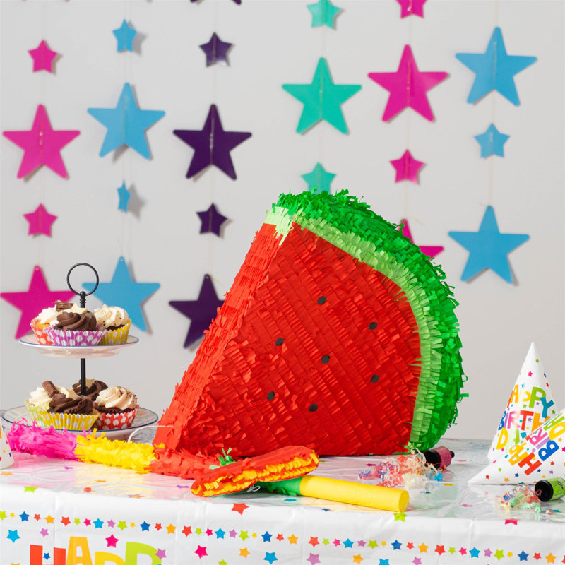 Fax Potato - Pinatas Watermelon Cardboard Pinata, Stick and Blindfold Set - W42cm x D9cm x H36cm - Red