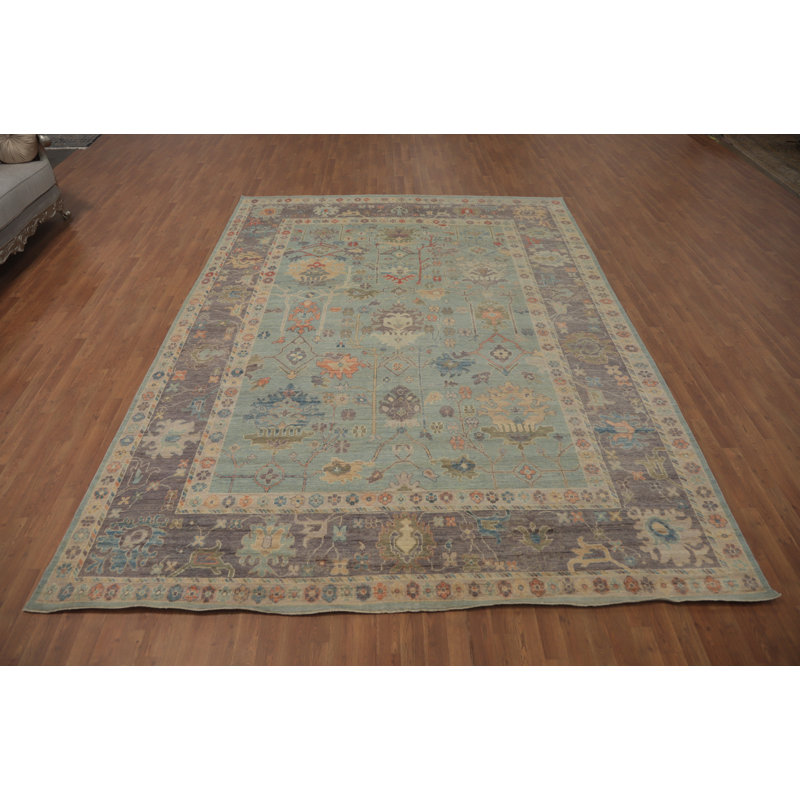 Tapis bleu clair à motif floral Oushak 9 x 12