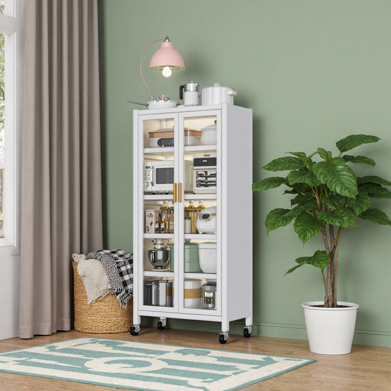 Armoire de rangement en métal à 6 niveaux avec portes transparentes et tablettes réglables, White