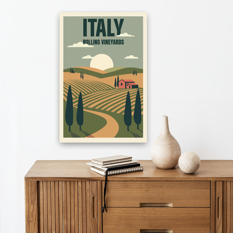 «Italian Rolling Vineyard Serene Tranquil Vintage Cypress Landscape Nature», art mural, H 18 po x l 12 po