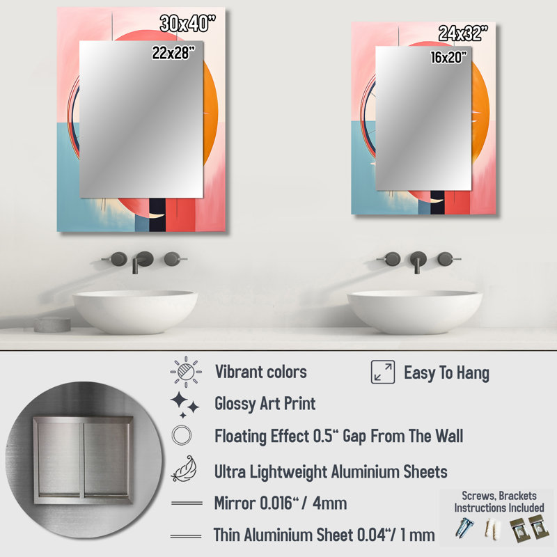 Abstrait, lever du soleil, paysage Midcentury - Mid-Century moderne unique, miroir mural, impression d'art en métal