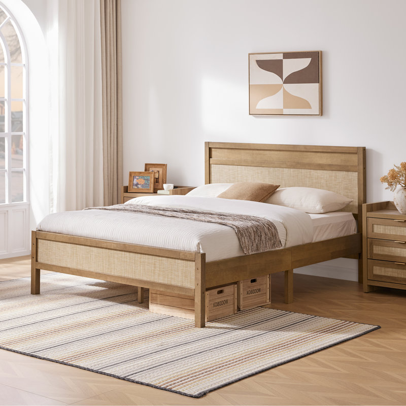 Boho Solid Wood Platform Bed Frame with Rattan Headboard and Footboard
