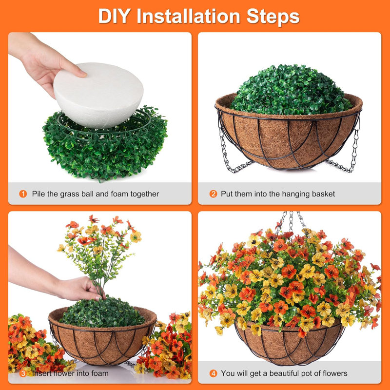 Artificial Flowers Hanging Basket, Orange/Yellow