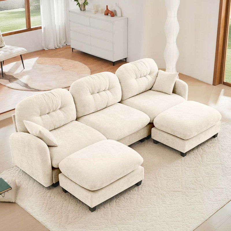 Canapé modulaire en chenille 3 places avec 2 coussins et 2 repose-pieds