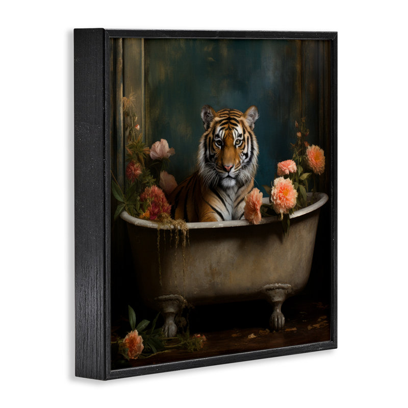 «Tiger in Floral Bathaign», reproduction de photo sur toile, H 24 po x l 24 po, Giclée encadrée noir minuit