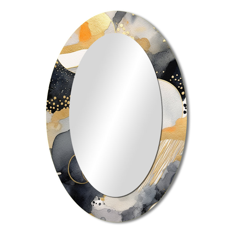 Pastel Abstract With Blue Black & Gold Spots VIII - Gold Oval Wall Mirror Decor, 36" x 24"