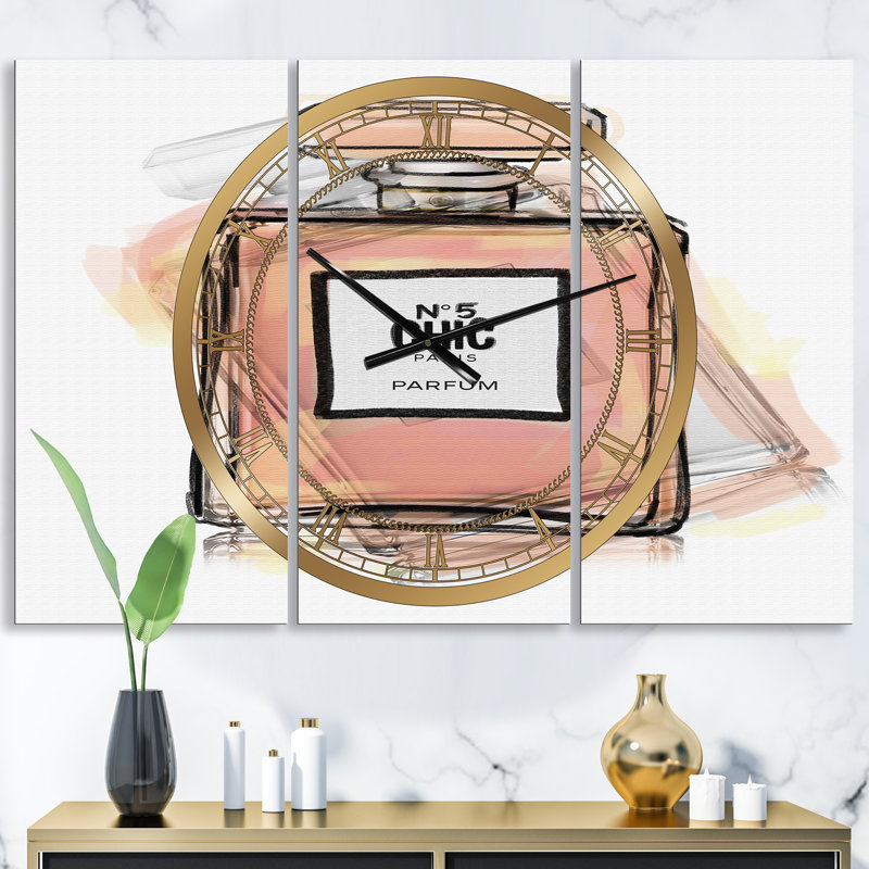 Horloge murale Chic Nr 5 Paris Parfum I - Large Fashion 3 Panels, Or / rose / noir