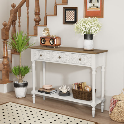 42"Carved 3-Drawer Console Table With Storage Shelf