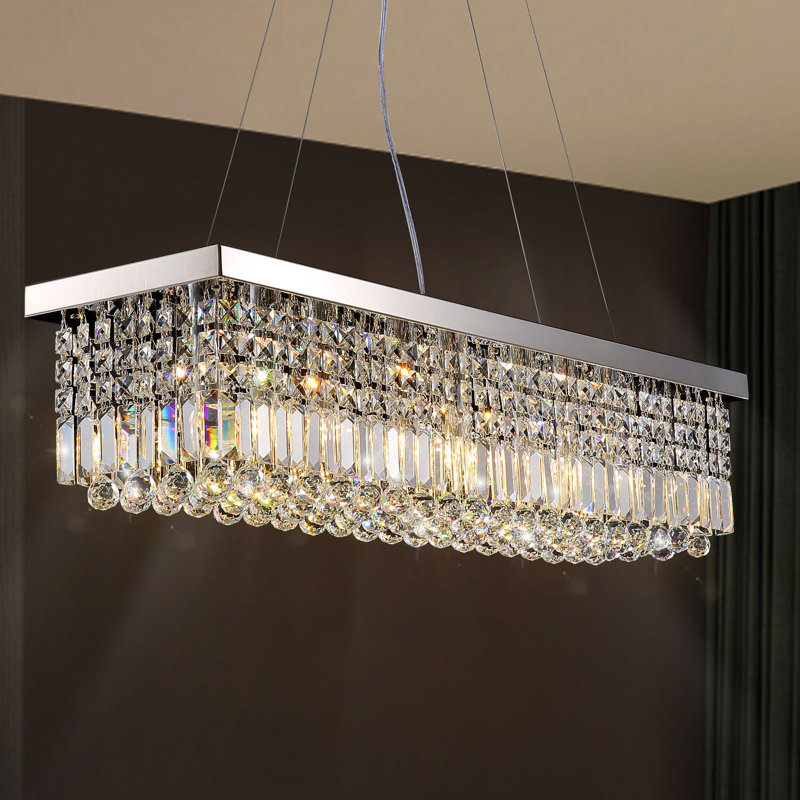 Plafonnier de luxe moderne rectangulaire à lustre en cristal à 8 lumières Bertu, H 10 po x L 40 po x l 10 po, Chrome poli