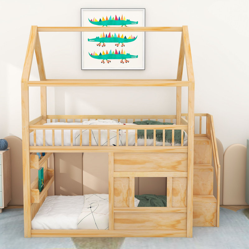 Lit superposé en bois avec DEL intégrées et escalier robuste, Naturel