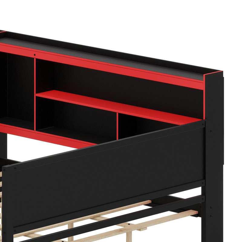 Cadre de lit multifonctionnel avec bureau intégré, tiroirs de rangement et prises de courant, Noir et rouge