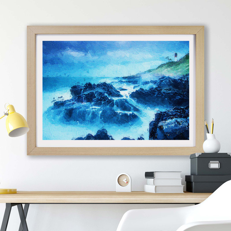 Lighthouse On A Hill With Seascape - Single Picture Frame Painting, Oak, 45cm H x 63cm W x 2cm D
