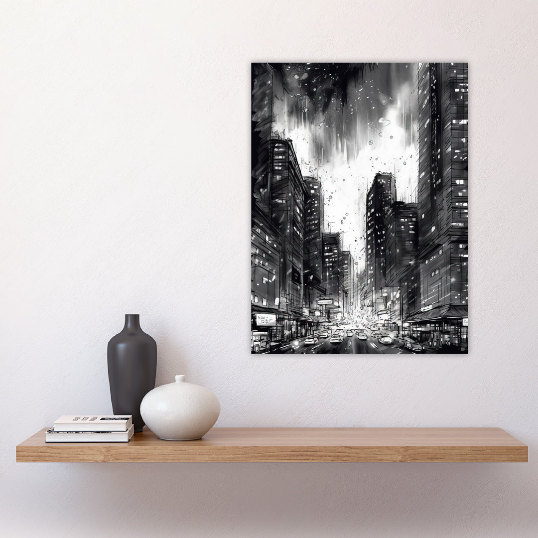 Downtown Chicago Ink Sketch Cityscape Pen And Ink Dark Moody Large Wall Art Poster Print Thick Paper 18X24 Inch
