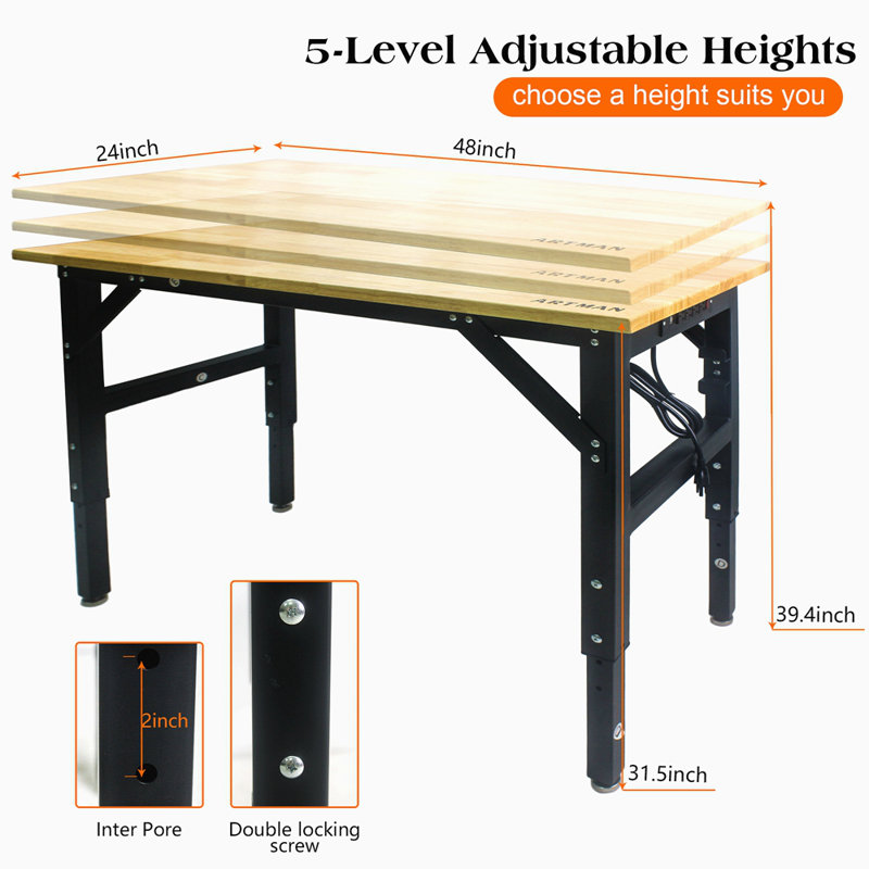 Table de travail réglable en métal avec douille et plateau
