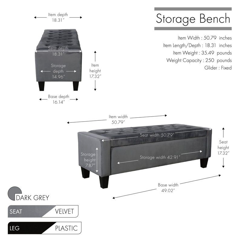 Rondre Velvet Button Tufted Storage Bench, Dark Grey