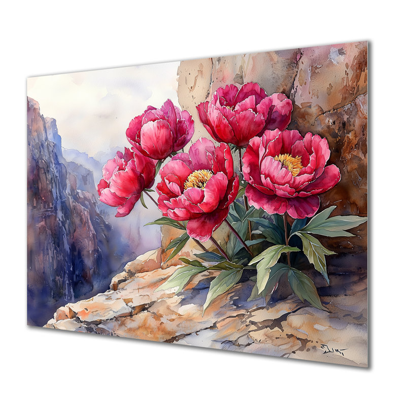 Pivoines par la falaise I - reproduction d'art traditionnelle en métal, pivoines en métal, art mural, H 30 po x l 40 po