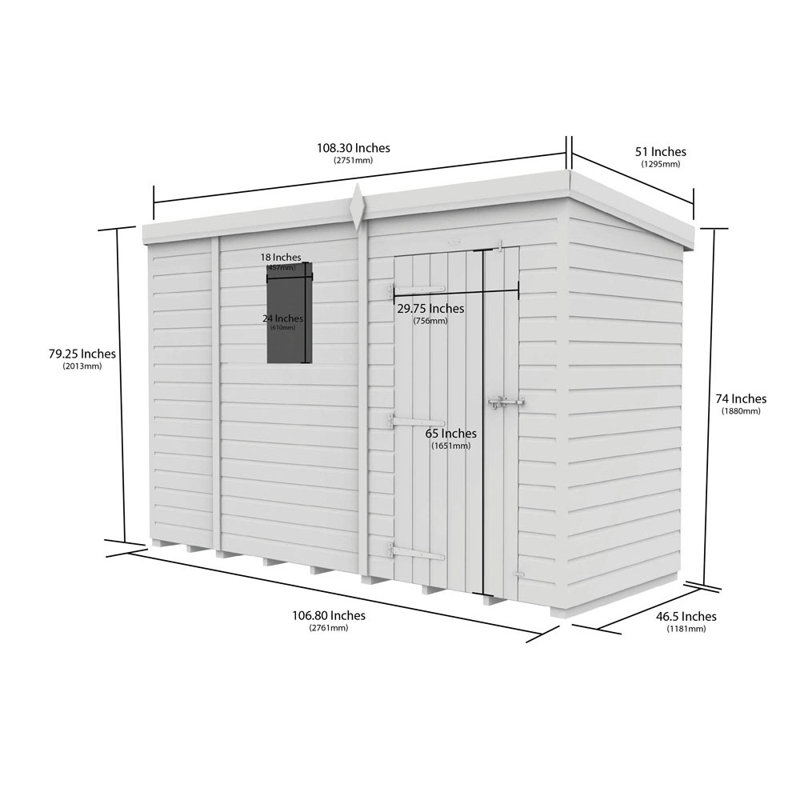 9ft x 4ft Pent Shed - Double Door with Windows
