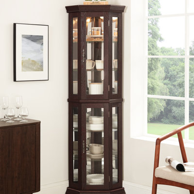 Illuminated Curio Cabinet With 6 Shelves, Space - Saving, Construction, Refined Detailing, Cherry Glass Display Soft Museum Quality Glow, Mirrored Back, 4 Tool Setup,