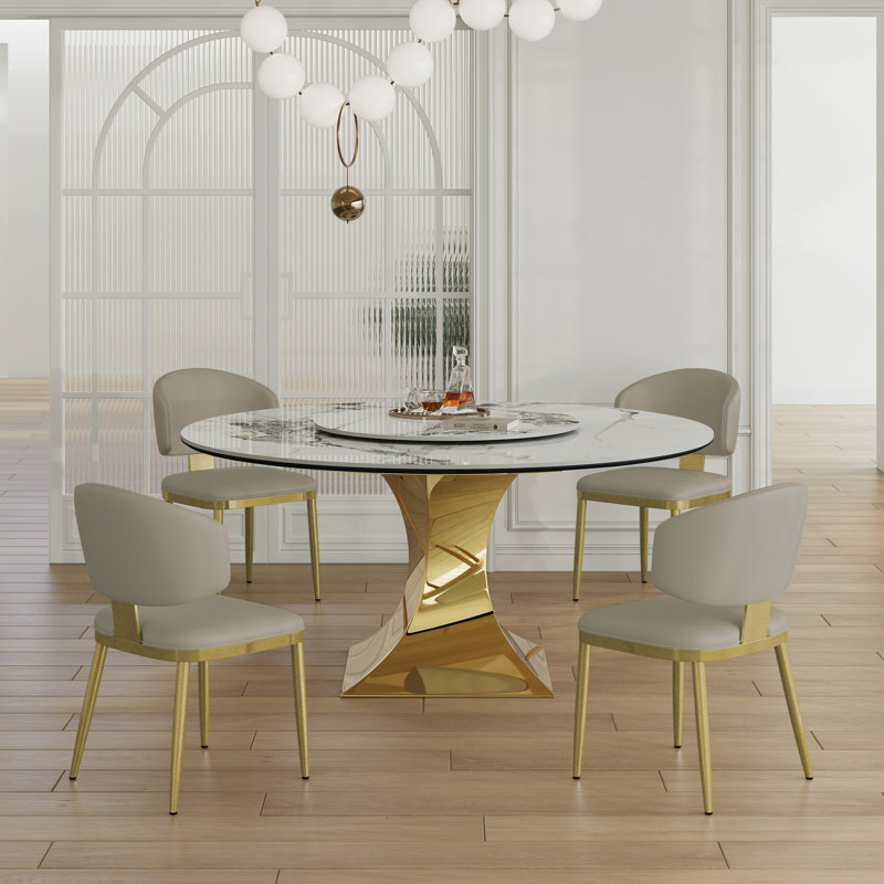 Ensemble de table de salle à manger de 59 po en pierre frittée ronde avec base en sablier en acier inoxydable doré et 8 chaises rembourrées blanches - table de cuisine de luxe moderne d'aspect marbre pour 6 à 8 personnes