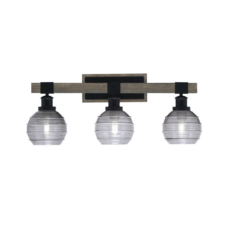 Barre d'éclairage de salle de bain 3 lumières Bitner, noir mat et finition en métal d'aspect bois patiné peint avec verre de 6 po
