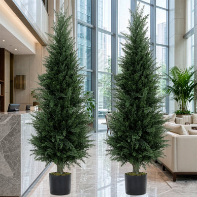 Faux Cypress Tree Plant in Cement Freestanding Planter