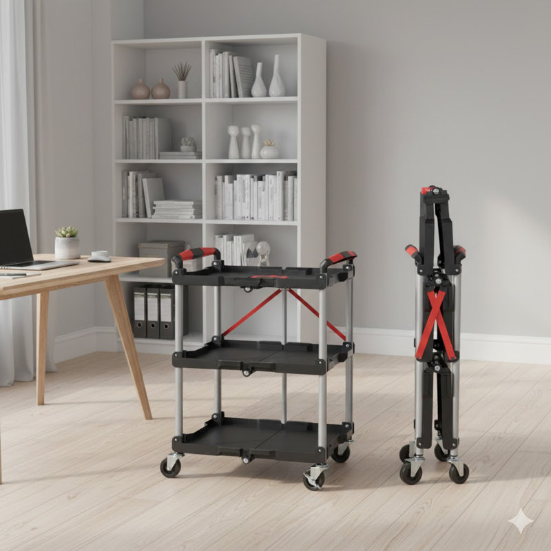 Foldable Utility Service Cart, 3 Shelf Heavy Duty Plastic Rolling Cart With 360° Swivel Wheels (2 With Brakes), Ergonomic Handle, Portable Garage Tool Cart For Warehouse Office Home