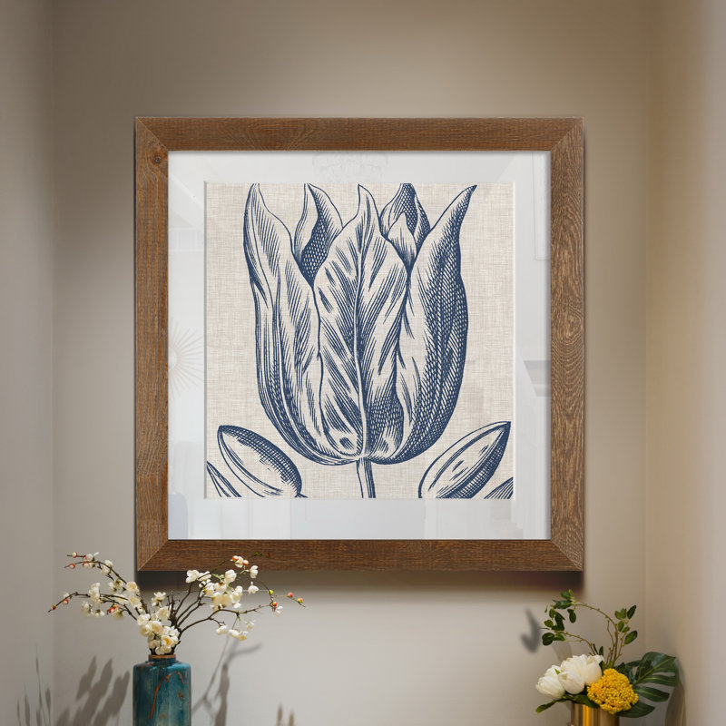 Indigo floral sur lin VI - reproduction encadrée de qualité supérieure - prêt à être accroché - impression encadrée sur papier