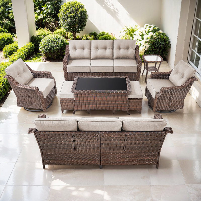 Acton 8 - Person Outdoor Wicker Sofa Seating Group With Ottomans And 6" Thick Cushions, Beige
