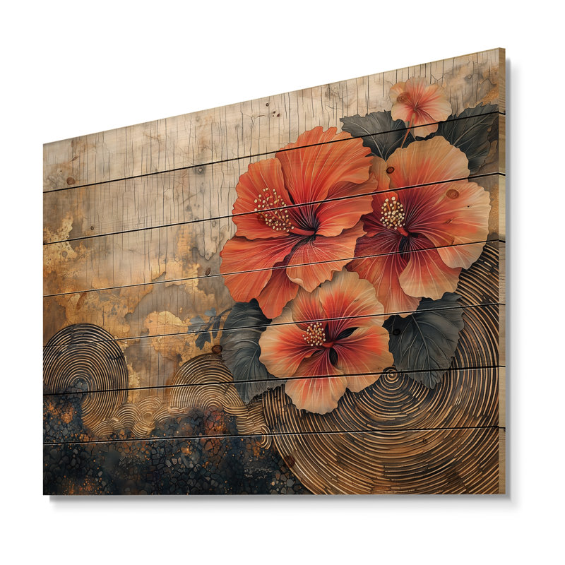 Hibiscus Flowers Field On A Wooden Horizon II - Hibiscus Wood Wall Decor - On Natural Pine Wood, 30" H x 40" W