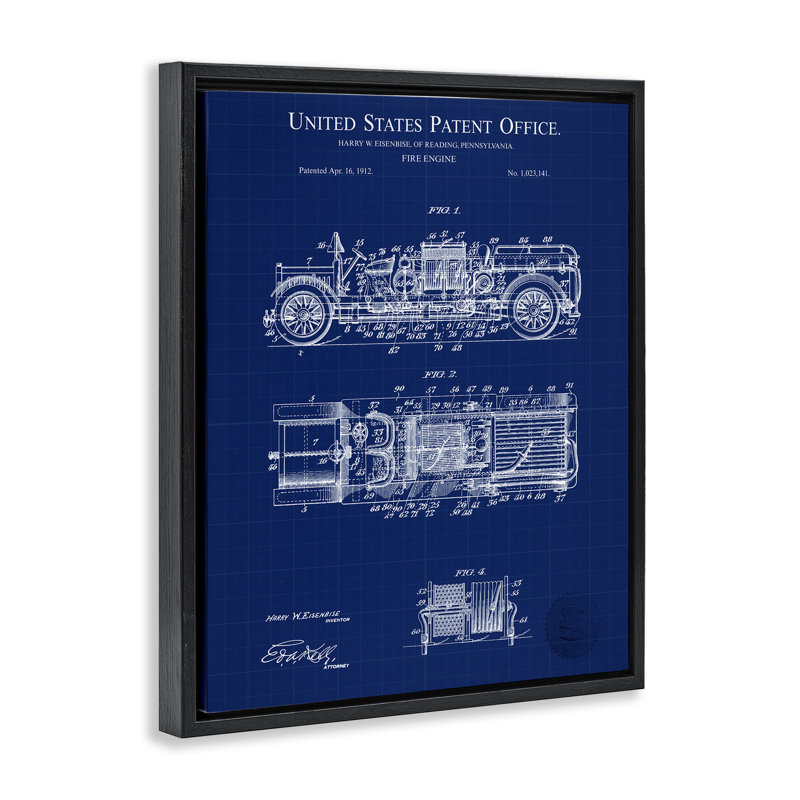 "Fire Engine Blueprint", art mural sur toile flottante par Karl Hronek, Cadre flottant noir de jais, H 21 po x l 17 po