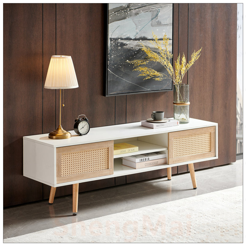 Meuble télé 55,25 po en rotin avec portes coulissantes doubles, tablette réglable et pieds en bois massif pour le salon