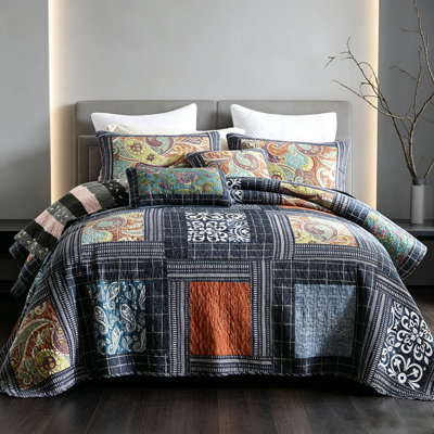 100% Cotton 3-Piece Patchwork Quilt Sets, Real Stitched Embroidery Bedspread, Reversible Bedspread Lightweight and Breathable for All Seasons, Soft Quilted Bedspread with 2 Pillow Shams, Queen Size