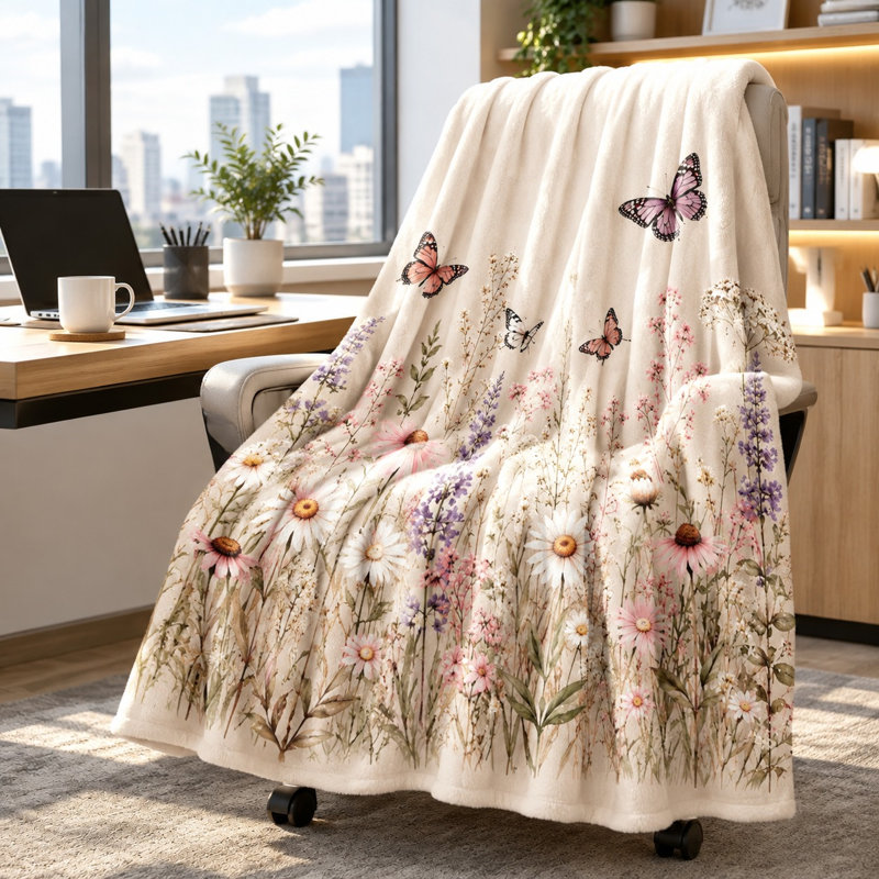 Floral Butterfly Fleece Throw Blanket, Meadow Wildflower Soft Cozy Blanket for Sofa Couch Bedroom Living Room Home Decoration