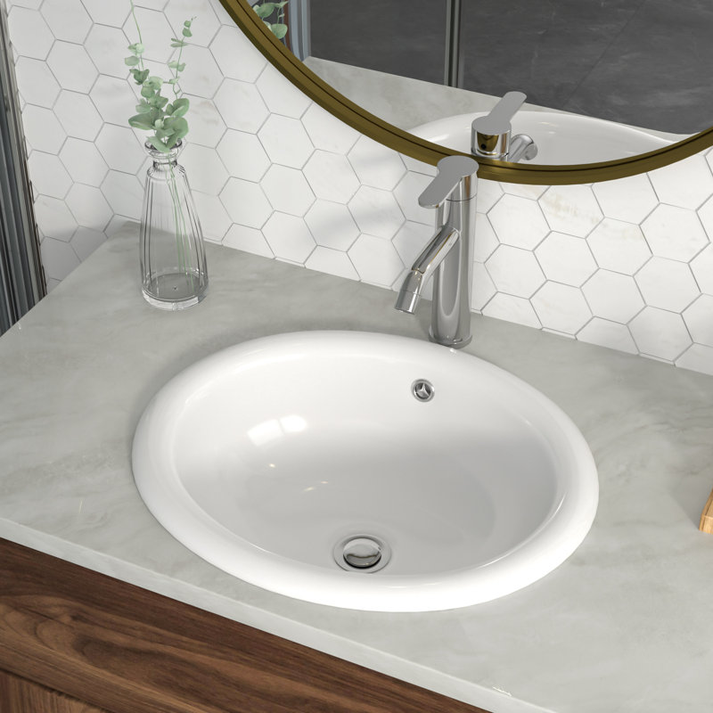 Bathroom Semi-Recessed Vessel Sink Ceramic Above Counter Basin Sink, White, 7.18" H x 17" L x 15.5" W, Oval