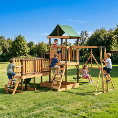 Backyard Swing Set with Slide, Wood Playground Sets, Rock Climbing Ladder, Monkey Bars & Sandbox, Versatile Large Playhouse for Kids