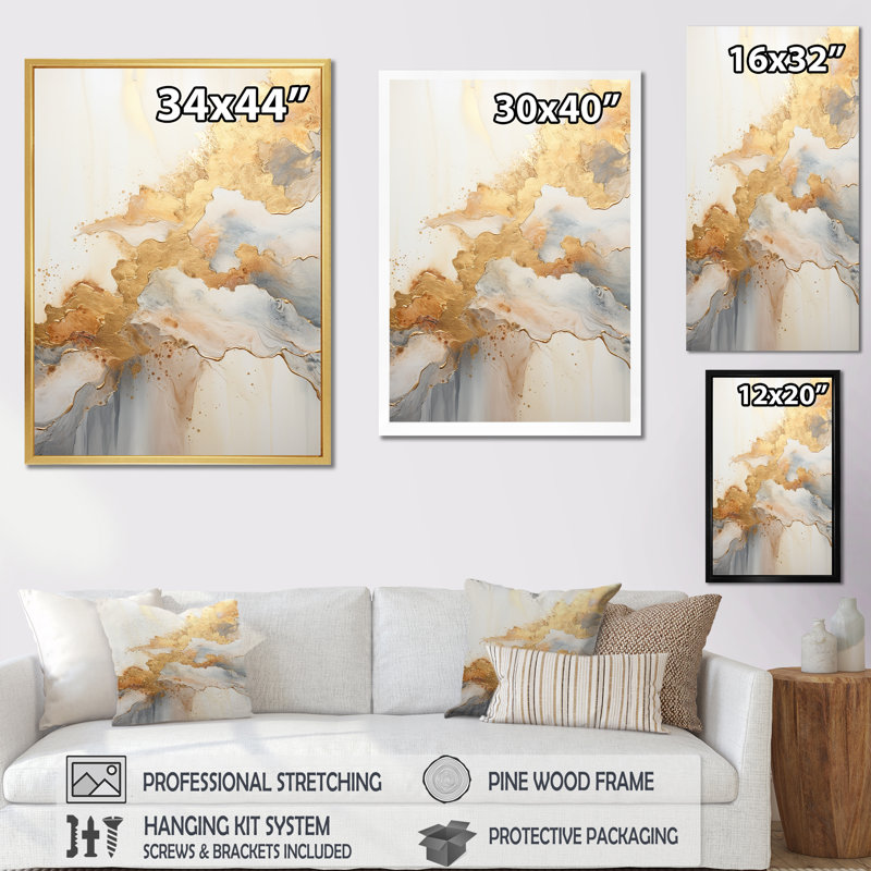 " Beige And Gold Minimalism River Mountain Wonders ", Black Single Picture Framed, 32"H x 16"W x 1"D