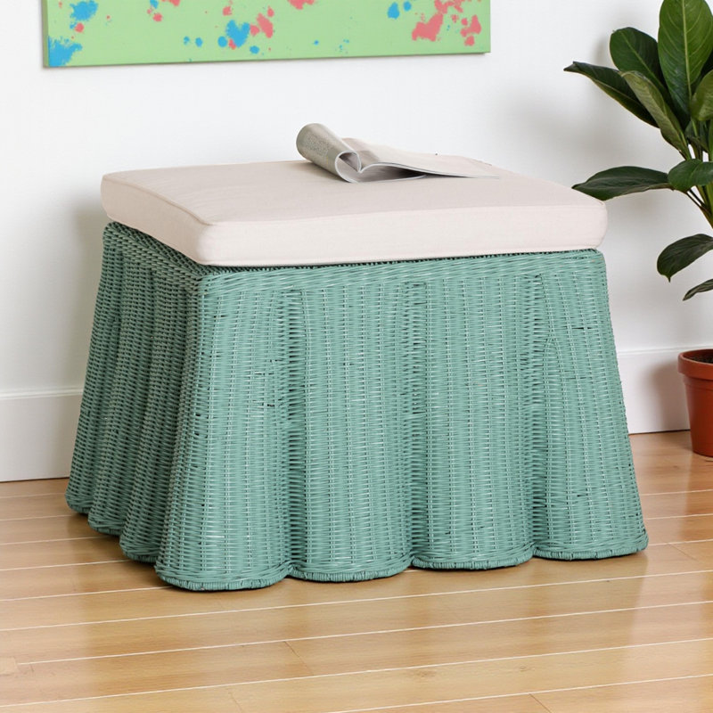 Luciana Rattan Ottoman with Scallops in Bohemian Style, 16.32" H X 26.99" W X 26.99" D, Green Fabric